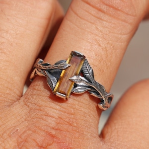 Silver Leaves Ring, Natural Citrine Ring, 925 Sterling Silver Ring, Rectangle Bar Gemstone Ring, Women Oxidized Ring, Wedding Gift For Her