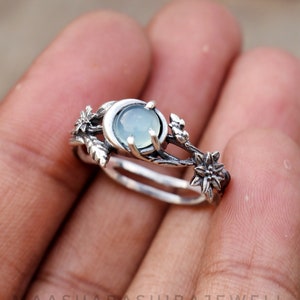 Silver Flower Ring, Aqua Chalcedony Ring, 925 Sterling Silver Ring, Handmade Ring, Solitaire Moon Ring, Leaf Design Ring, Anniversary Gift