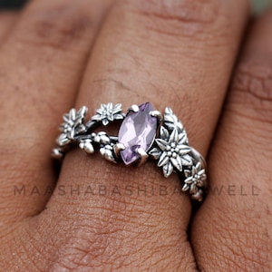 Silver Leaf Flower Ring, Amethyst Ring, 925 Sterling Silver Branches Ring, Nature Silver Ring, Boho Dainty Ring, Wedding Ring, Gift For Her