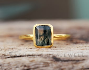 Naturlig mossagatring, 18k guldpläterad ring, 925 sterlingsilver, handgjord ring, silverädelstensring, vardagssmycken, jubileumspresent