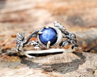 Blue Star Sapphire Ring, Sterling Silver Branches, Celestial Jewelry