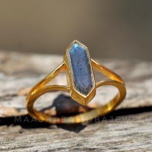 Natural Labradorite Ring, 18k Gold Plated, 925 Sterling Silver Ring, Dainty Ring, Ladies Gold Solitaire Ring, Personalized Ring Gift For Her