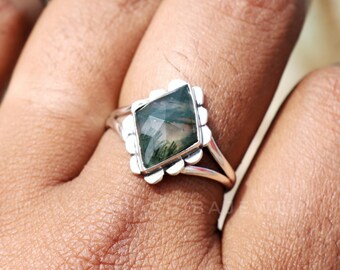 天然モスアゲートリング、925スターリングシルバーリング