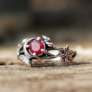 Handmade Sterling Silver Ruby Ring, Floral Branch Design