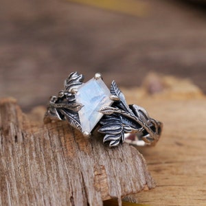 Unique Silver Branches Kite Cut Leaves Moonstone Ring, Celestial Ring, 925 Sterling Silver Ring, Nature Inspired Ring, Anniversary Gift