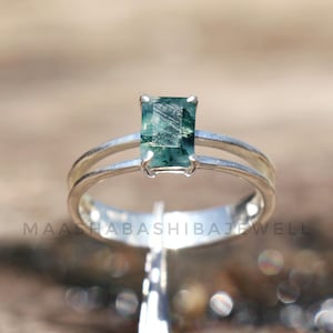 Anillo de ágata musgosa natural, anillo de compromiso solitario, anillo de plata de ley 925, anillo hecho a mano, anillo de plata con piedras preciosas, regalo de aniversario para ella