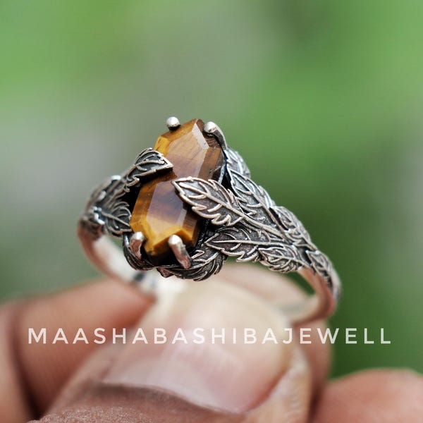Silver Leaves Tiger's Eye Ring, 925 Sterling Silver Ring, Unique Designer Ring, Nature Engagement Ring, Everyday Ring, Gift For Your Partner