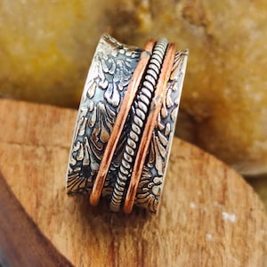 Boho-Magic Spinner Ring - 925 Sterling Silver Spinner Ring - with Silver And Copper Fidget Rings-Amazing Handmade Designer Ring Gift Jewelry