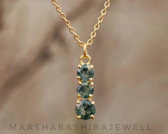 Natural Moss Agate Necklace, 3 Stone Pendant Necklace, 18k Gold Plated Necklace, Dainty Jewelry, Minimalist Women Gift, Moss Agate Jewelry