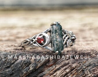 シルバーブランチモスアゲート＆ガーネットリング、925スターリング