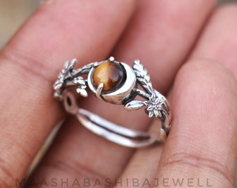 Tiger Eye Sterling Silver Ring, Crescent Moon Solitaire, Boho Jewelry