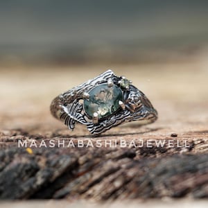 Twig Gemstone Ring, Moss Agate Ring, 925 Sterling Silver, Solitaire Band, Green Gemstone Ring, Nature Engagement Ring, Birthday Gift For Her
