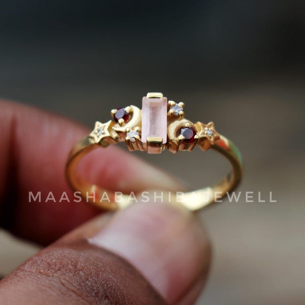 Rose Quartz & Red Garnet Ring: 18k Gold Plated Sterling Silver Crescent Solitaire