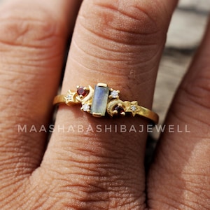 Labradorite Garnet Sterling Silver Ring, 18k Gold Plated Crescent Solitaire