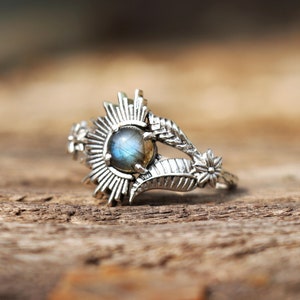 Silver Half Sunrise Ring, Labradorite Ring, 925 Sterling Silver Branches Ring, Handmade Leaves Celestial Ring, Ring For Her, Birthday Gift