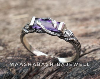 木の枝のアメジストリング、925スターリングシルバーリング