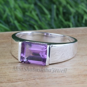 Natuurlijke amethistring, herenring, 925 sterlingzilveren ring, emerald geslepen ring, trouwring, zegelring heren, jubileumring, cadeau voor hem