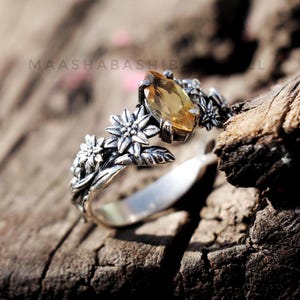 Silver Branches Ring, Citrine Ring, 925 Sterling Silver Ring, Flowers Ring, Silver Gemstone Ring, Nature Silver Ring, Promise Gift For Her