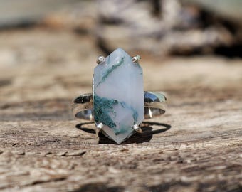 Naturlig mossagatring, 925 sterlingsilverring, handgjord designerring, silverädelstensring, vardagsringar, jubileumspresent till henne