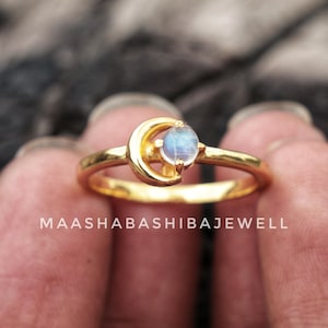 Natural Moonstone Ring, 18k Gold Plated, 925 Sterling Silver Branches Ring, Solitaire Crescent Moon Ring, Wedding Ring, Anniversary Gifts
