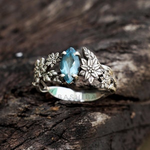 Silver Leaves Ring, Blue Topaz Ring, 925 Sterling Silver Ring, Nature Inspired Jewelry, Wedding Ring, Everyday Rings, Birthday Gift For Her