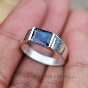 Blue Sapphire Men&#39;s Ring, 925 Sterling Silver Ring, Handmade Ring, Promise Ring, Blue Sapphire Ring, Dainty Wedding Ring, Gift For Him