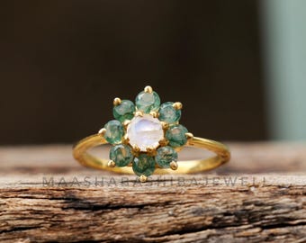 Handmade Moonstone & Moss Agate Ring, 18k Gold Plated Sterling Silver