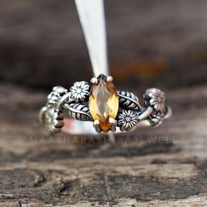 Natural Citrine Ring, Silver Leaves Flower Ring, 925 Sterling Silver Ring, Handmade Nature Inspired Ring, Promise Ring, Promise Ring For Her