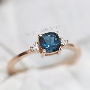 18k Rose Gold Vermeil Minimalist Ring, Natural London Blue Topaz Ring, Engagement Ring, Cushion Cut London Blue Topaz Ring, Promise Ring