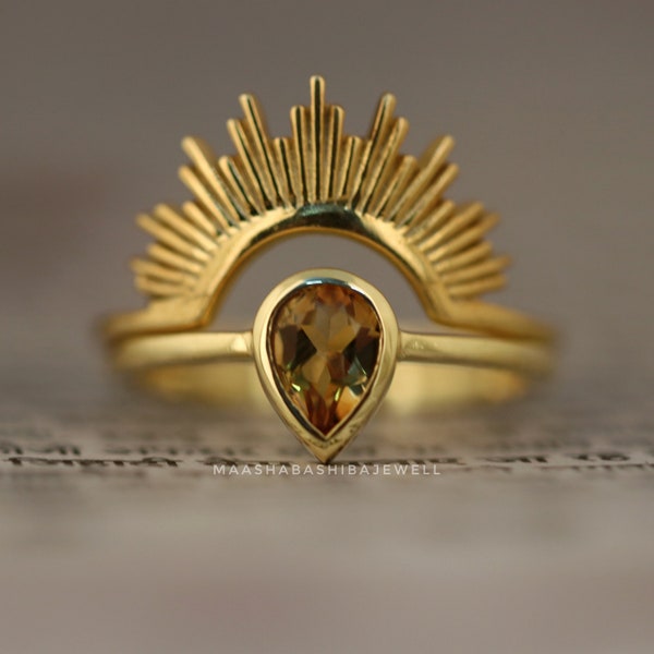 Citrine Sunrise Ring, Gold Vermeil Sterling Silver, Handmade Solitaire Ring