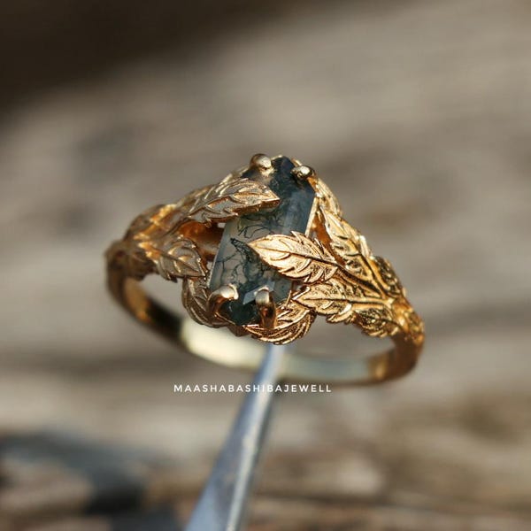 Ring met mosagaatbladeren, 18k verguld sterlingzilver, handgemaakte natuurring
