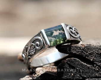 Natural Moss Agate Emerald Cut Ring, 925 Sterling Silver Leaf Design Men's Band, Engagement Gift For Him