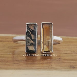 Moss Agate Citrine Ring: Handmade Sterling Silver Adjustable Ring