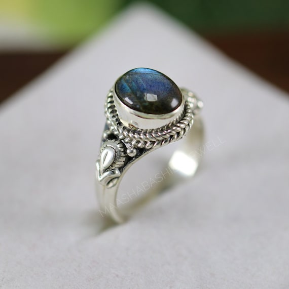 Natural Labradorite Ring 925 Silver Labradorite Ring Boho Hippie