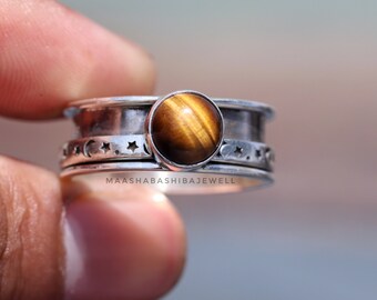 Tiger Eye Star And Moon Ring, Fidget Spinner Ring, 925 Sterling Silver Ring, Ring for Women, Meditation Anxiety Ring, Boho Celestial Jewelry