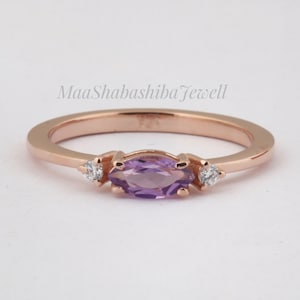 Anillo de amatista natural, talla marquesa, plata de ley, diseño minimalista