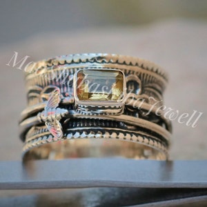 Citrine Silver Spinner Ring, 925 Sterling, Honey Bee Design