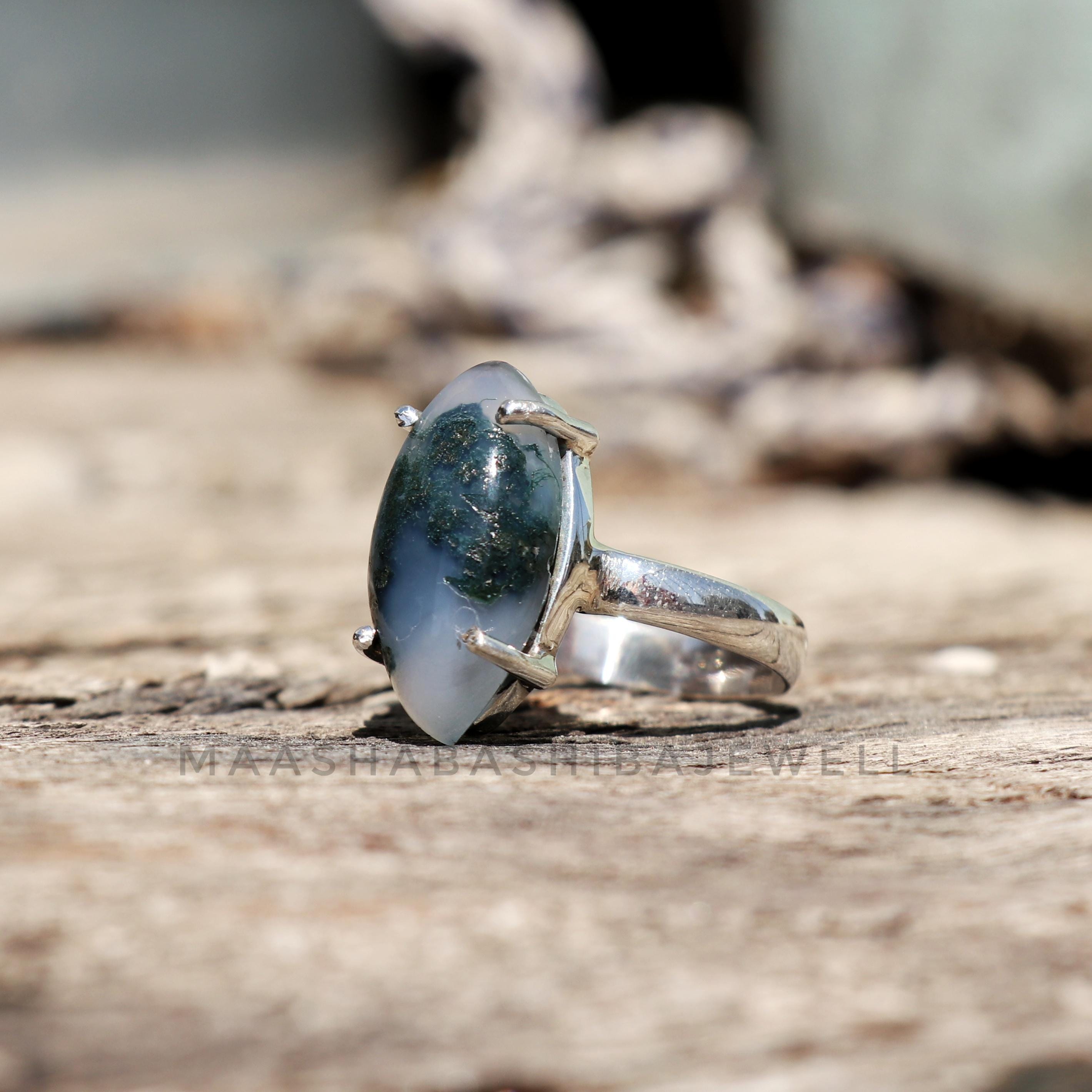 天然石リング、天然モスアゲート、 シルバー925、ハンドメイド、リング