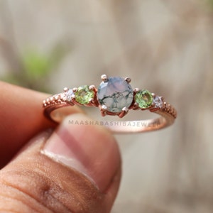 Moss Agate Ring: Peridot & Topaz, 18k Rose Gold Vermeil, Sterling Silver