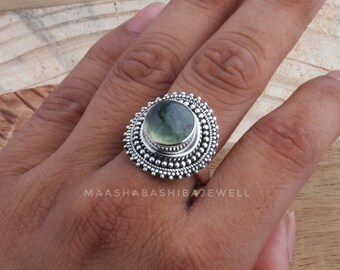Anillo de prehnita natural, anillo bohemio, anillo de plata de ley 925, anillo de prehnita verde, anillo hecho a mano para mujer, joyería de prehnita, anillo de boda