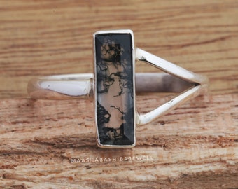 Handmade Rectangular Moss Agate Ring, Sterling Silver, Boho Jewelry