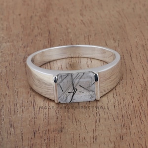 Natural Black Rutilated Quartz Ring, Men&#39;s Ring, 925 Sterling Silver Signet Ring, Wedding Ring, Emerald Cut Ring, Anniversary Gift For Him