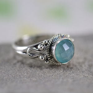 Aqua Chalcedony Sterling Silver Ring, Handmade Bohemian Jewelry