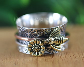 Boho Bee Sunflower Spinner Ring, 925 Sterling Silver Meditation Band