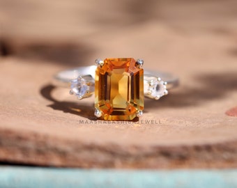 Natural Golden Citrine Ring, 925 Sterling Silver, Emerald Cut