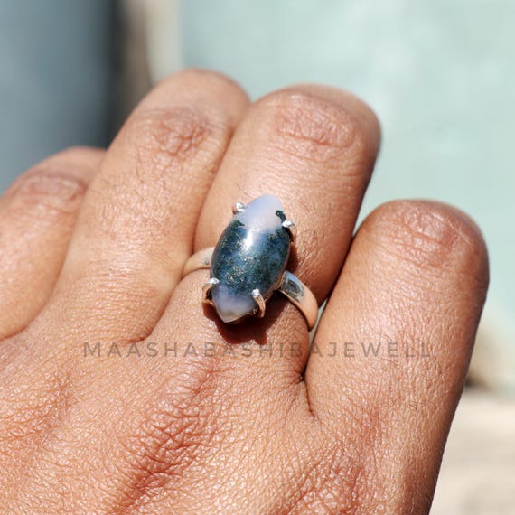 天然石リング、天然モスアゲート、シルバー925指輪、ハンドメイド 天然モスアゲートリング、925スターリングシルバーリング