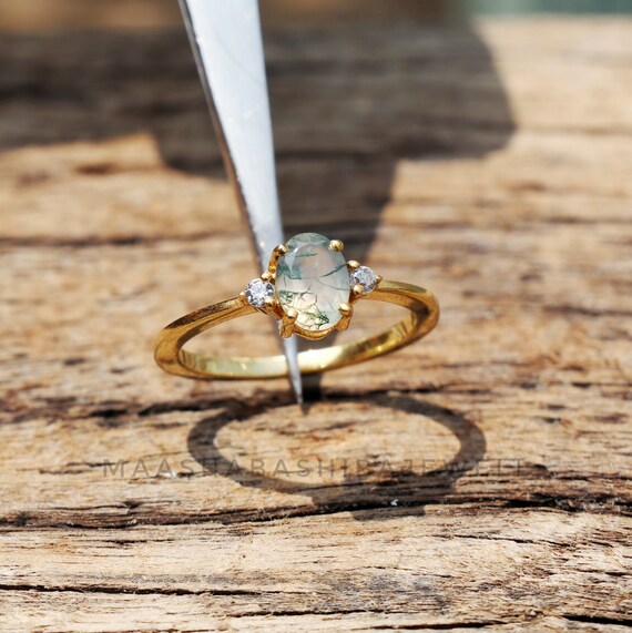 Bague en agate mousse naturelle, bague de fiançailles solitaire