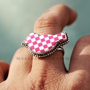 Unique turquoise Checkered Cabochon Ring, 925 Sterling Silver Ring, Handmade Checker Birds Gemstone Ring, Everyday Wear Ring Gift For Her