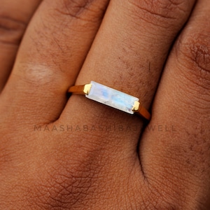Natural Moonstone Ring, Engagement Ring, 18k Gold Plated Ring, Stackable Ring, Rectangular Stone Ring, Moonstone Bar Ring, Minimalist Ring