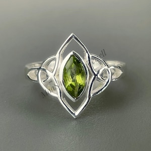 Sterling Silver Peridot Ring, Boho Marquise Gemstone
